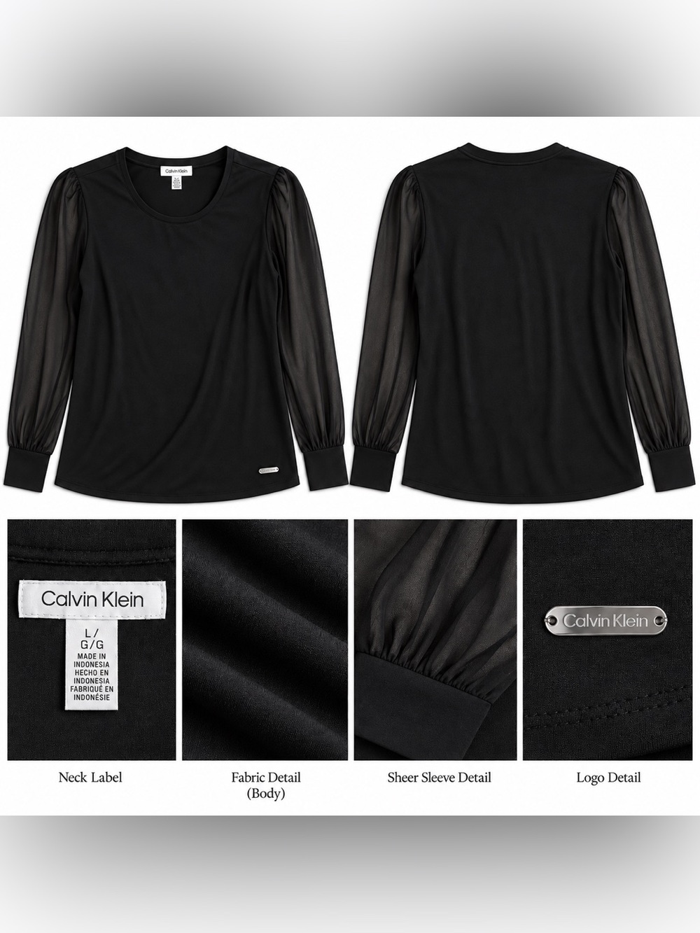 Calvin Klein Black Long Sleeve Top with Sheer Bishop Sleeves